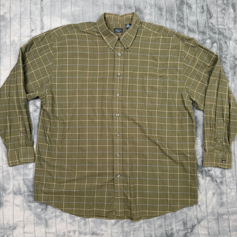 Van Heusen Studio Mens 2XLT Olive Green Grid Plaid Button Down Shirt Long Sleeve